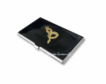 Antique Gold Snake Business Card Case: Hand Painted Enamel, Personalized Option