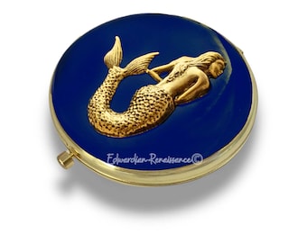 Antique Gold Mermaid Compact Mirror in Hand Painted Glossy Navy Enamel Nautical Sea Nymph Design with Color and Personalized Options
