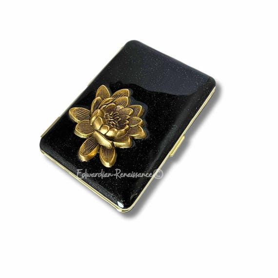 Lotus Cigarette Case: Gold Flower, Black Enamel, Custom Engraving