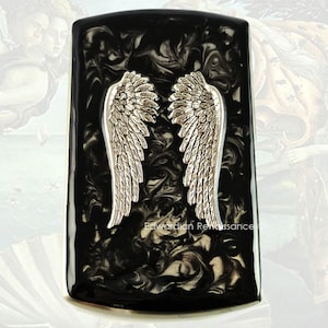 Engelsflügel Visitenkartenetui handgemalter Ink Swirl Emaille Neo viktorianischer Vertikaler Metallkartenetui mit personalisierten und Farboptionen