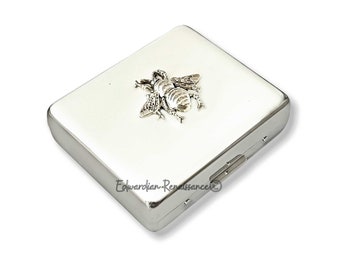 Antique Silver Bee Weekly Pill Box Inlaid in Hand Painted Glossy White Enamel Neo Victorian Insect with Personalized and Color Options