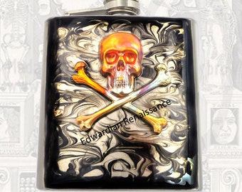 Verdigris Skull and Cross Bones Flask Inlaid in Hand Painted Black Ink Swirl Enamel Neo Victorian Style with Personalized and Color Options