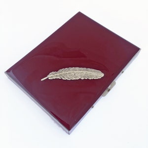 Antique Silver Feather Metal Cigarette Case Inlaid in Hand Painted Oxblood Enamel Ravens Quill Inspired Personalize and Color Options