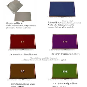 May include: Four examples of business card cases with different personalization options. The first case is unpainted and has no personalization. The second case is painted blue and has the text "Edwardian Renaissance" on the back. The third case is painted red and has the initials "TJ" on the back. The fourth case is painted purple and has the initials "TJT" on the back. The cases are all made of metal and have a silver trim.