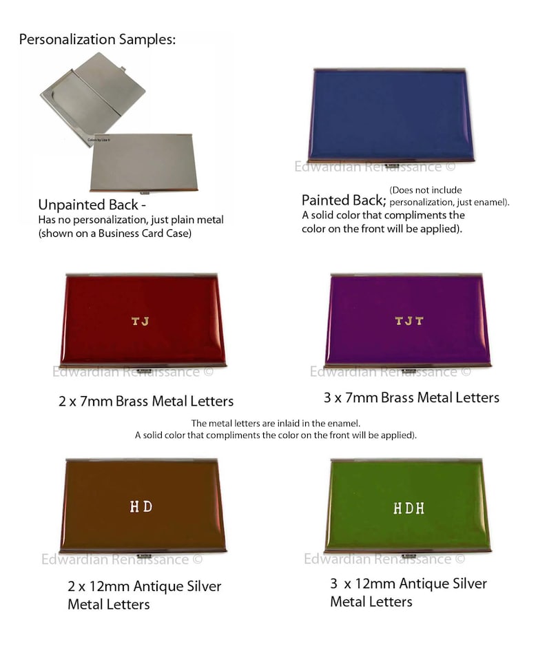 May include: Four examples of business card cases with different personalization options. The first case is unpainted and has no personalization. The second case is painted blue and has the text "Edwardian Renaissance" on the back. The third case is painted red and has the initials "TJ" on the back. The fourth case is painted purple and has the initials "TJT" on the back. The cases are all made of metal and have a silver trim.