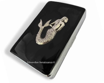 Antique Silver Mermaid Cigarette Case, Hand-Painted Black Enamel,  Personalized