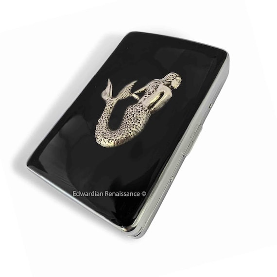 mermaid cigarette case Antique Silver Mermaid Cigarette Case, Hand-painted Enamel, Personalized