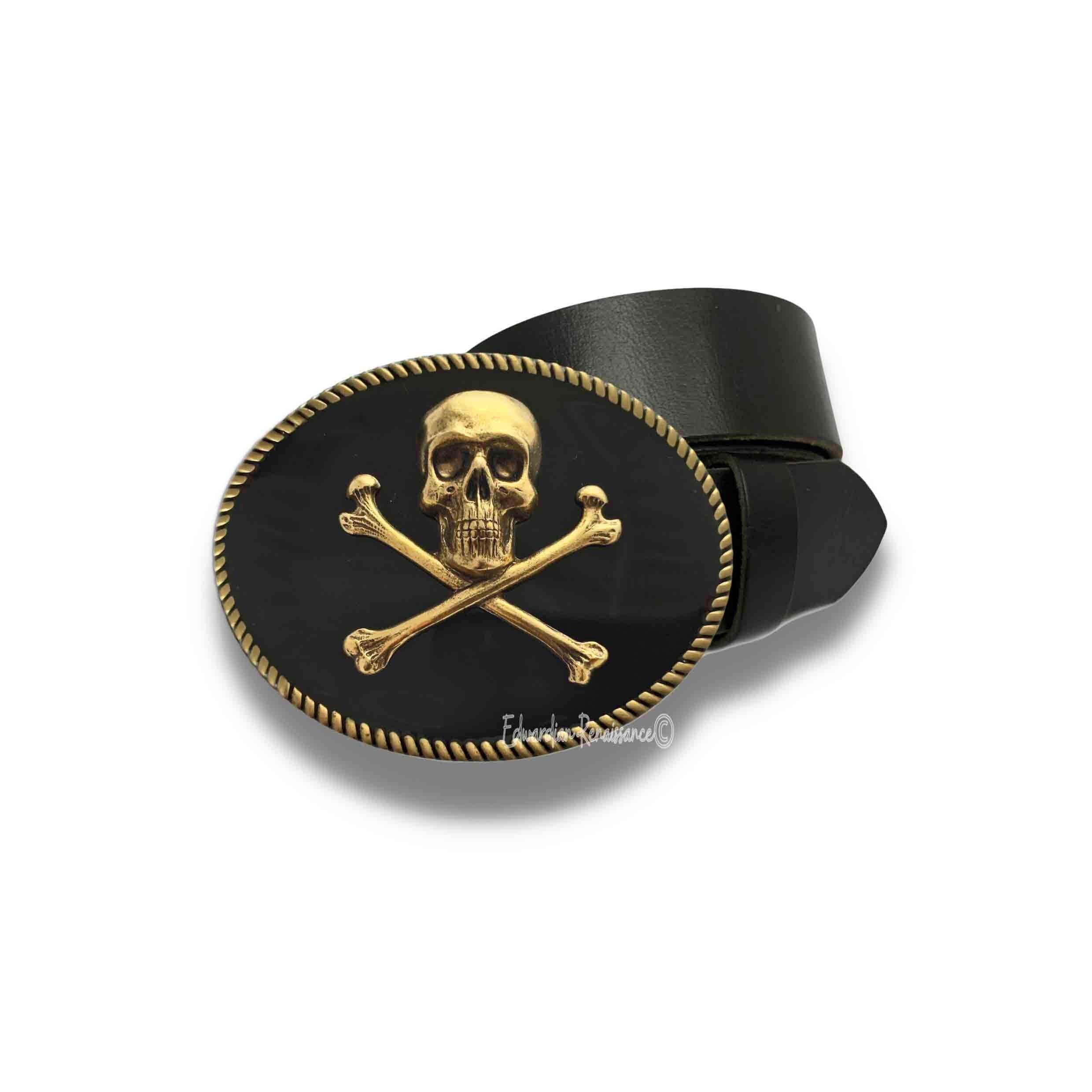Antique Gold Skull & Crossbones Belt Buckle: Hand Painted
