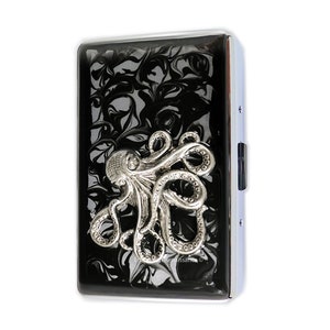 Octopus Cigarette Case Inlaid in Hand Painted Glossy Black Ink Swirl Enamel Vintage Style Kraken Design with Personalized and Color Options