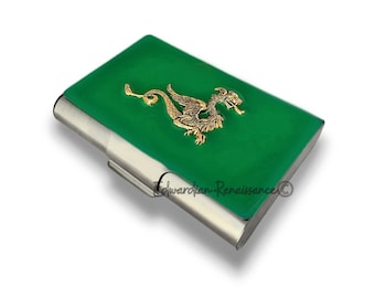 Antique Gold Dragon Business Card Case Inlaid in Hand Painted Green Enamel Game of Thrones Inspired with Personalized and Color Options