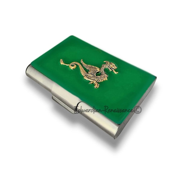 Antique Gold Dragon Business Card Case Inlaid in Hand Painted Green Enamel Game of Thrones Inspired with Personalized and Color Options