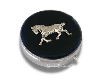 Antique Silver Horse Pill Case Inlaid in Hand Painted Black Enamel Vintage Style Personalize and Color Options