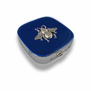 Antique Silver Bee Pill Box Inlaid in Hand Painted Navy Enamel Victorian Design Insect Vintage style with Personalized and Color Options