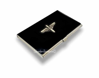 Estuche para tarjetas de aviación de estilo vintage: hélice y alas, esmalte pintado a mano