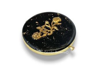 Antique Gold Rose Compact Mirror Inlaid in Glossy Black and Gold Splash Enamel Art Nouveau Floral Design with Color and Personalized Options