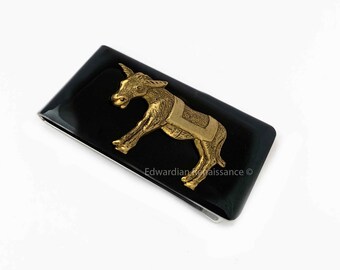 Donkey Money Clip in Antique Gold Inlaid in Glossy Black Enamel Neo Victorian Inspired Vintage Style with Personalize and Color Options