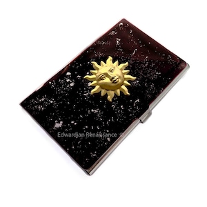 Hand Painted Sun Business Card Case: Black & Silver Celestial Design