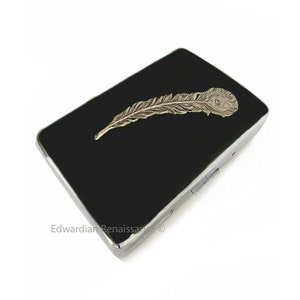 Peacock Feather Cigarette Case Inlaid in Hand Painted Black Enamel Art Nouveau Design Personalized Engraving and Color Options