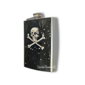 Skull and Crossbones Flask in Hand Painted Black Enamel with Silver Splash 8oz Capacity Gothic Victorian Colors and Personalized Option