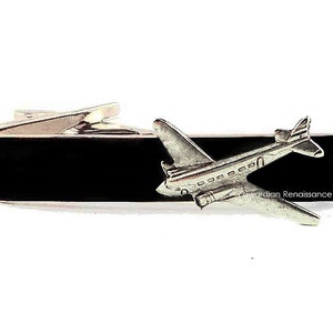 Antique Silver Airplane Tie Clip: Hand Painted Enamel Aviator Tie Bar