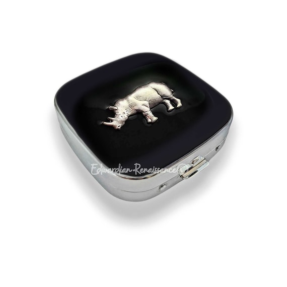 Antique Silver Rhino Pill Case in Hand Painted Glossy Black Enamel