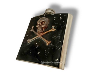 Burnished Skull and Crossbones Flask Inlaid in Hand Painted Black with Silver Splash Enamel Vintage Style with Color and Personalized Option