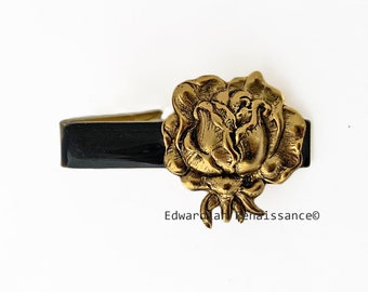 Rose Tie Clip in Glossy Black Enamel Neo Victorian Flower Design with Color Options