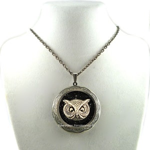 Gothic Owl Pill Box Locket Necklace: Black Onyx Enamel, Personalized