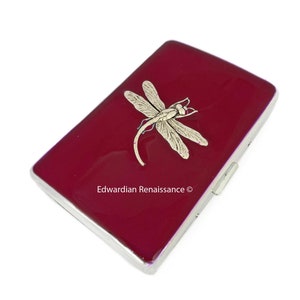 Dragonfly Metal Cigarette Case Inlaid in Hand Painted Ox Blood Enamel Art Nouveau Inspired Metal Wallet Engraved and Personalized Options