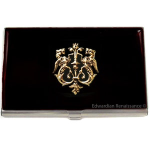 Goldenes Drachenwappen Visitenkarten etui eingelegt auf schwarzem Emaille Wappen Metall Kartenhalter individuelle Gravur und Farboptionen
