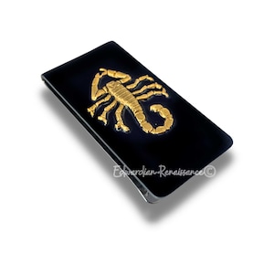 Clip para billetes de Escorpio de oro antiguo con incrustaciones en esmalte negro inspirado en el zodiaco neo victoriano con opciones personalizadas y de color