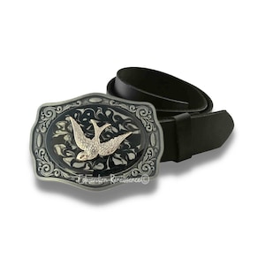 Antique Silver Swallow Buckle Inlaid in Hand Painted Black Ink Swirl Enamel Vintage Style Bird Design with Other Colors Available