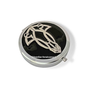 Art Nouveau Pill Box: Hand Painted Black Enamel, Large Compartment Mirror