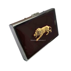 Monedero León Merodeador En Mano Pintado Negro Brillante Esmalte Neoclásico Leo Inspirado RFID Bloqueador Estuche Personalizado y Opciones de Color