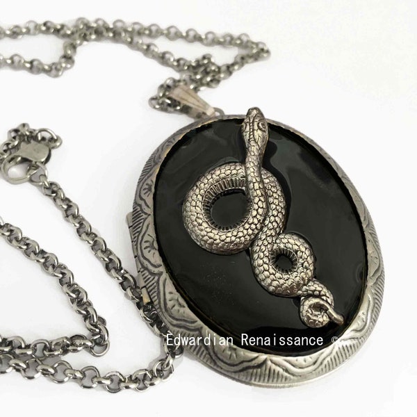 Snake Locket Inlaid in Hand Painted Black Glossy Enamel Gothic Victorian Serpent Necklace with Personalized and Color Options Available