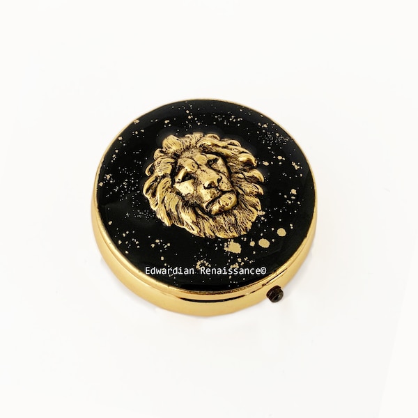 Neo Victorian Lion Pill Box Inlaid in Hand Painted Enamel with Gold Splash Leo Round Pill Case with Custom Colors and Personalized Options