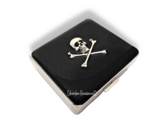 Skull and CrossbonesWeekly Pill Box with Compartments Inlaid in Hand Painted Black Enamel Personalize and Color Options