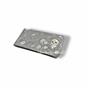 Sujeta billetes con forma de calavera, de inspiración gótica victoriana, opción de regalo personalizada, con elección de color, con incrustaciones de esmalte plateado metálico pintado a mano