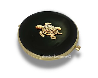 Antique Gold Turtle Compact Mirror in Hand Painted Glossy Black Enamel Vintage Style Nautical Design with Color and Personalized Options