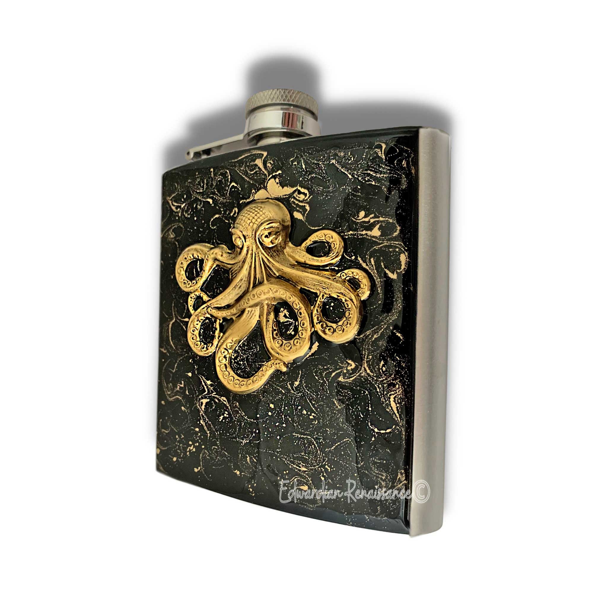 Antique Gold Octopus Flask: Hand-Painted Black & Gold Swirl Enamel