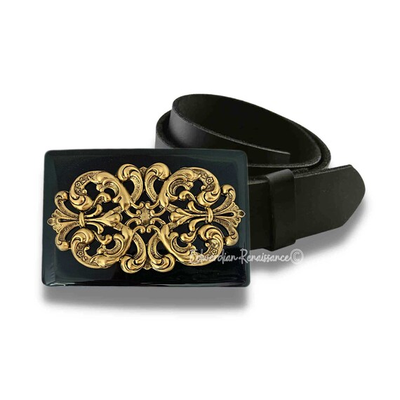 Antique Gold Filigree Belt Buckle: Hand Painted Black Enamel 