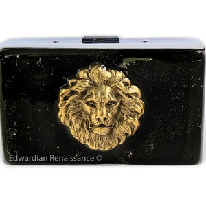 Gold Lions Head Metal Cigarette Case Inlaid in Hand Painted Black Enamel Neoclassic Leo Metal Wallet with Personalized and Color Options
