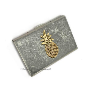 Ananas Portemonnaie in handbemalt Metallic Silber Swirl Emaille Tropical Design RFID Kreditkartenetui Personalisiert und Farboptionen