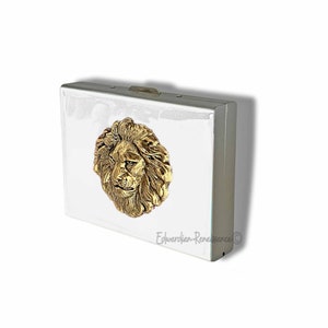 Portafoglio leone in oro antico in smalto bianco dipinto a mano in stile neoclassico, porta carte di credito con blocco RFID Leo, con opzione personalizzata e colore