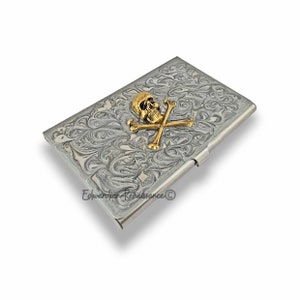 Skull & Crossbones Business Card Case: Antique Gold, Hand-Painted Silver Enamel