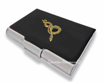 Antique Gold Snake Business Card Case: Gothic Enamel, Personalized