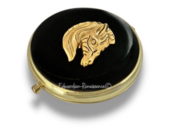 Antique Gold Zebra Compact Mirror in Hand Painted Glossy Black Enamel Vintage Style Safari Design with Color and Personalized Options