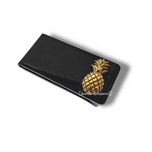 Antike Gold Ananas Geldscheinklammer Intarsien in Handgemalte Glänzende Schwarze Emaille Vintage Resort Stil mit personalisierten und Farboptionen