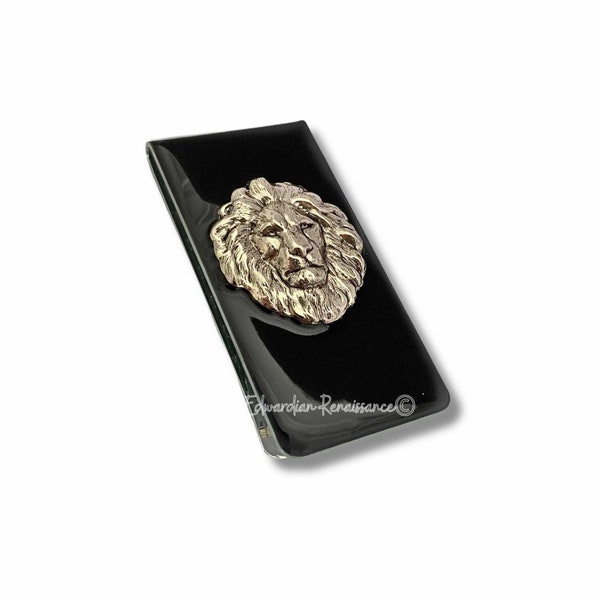 Antique Silver Lion Money Clip Inlaid in Hand Painted Black Enamel Neo Victorian Vintage Style Leo with Personalized and Color Options