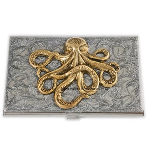 Octopus Business Card Case Inlaid in Hand Painted Enamel Steampunk Kraken Metal Wallet Silver Swirl Design Custom Colors and Personalized image 1